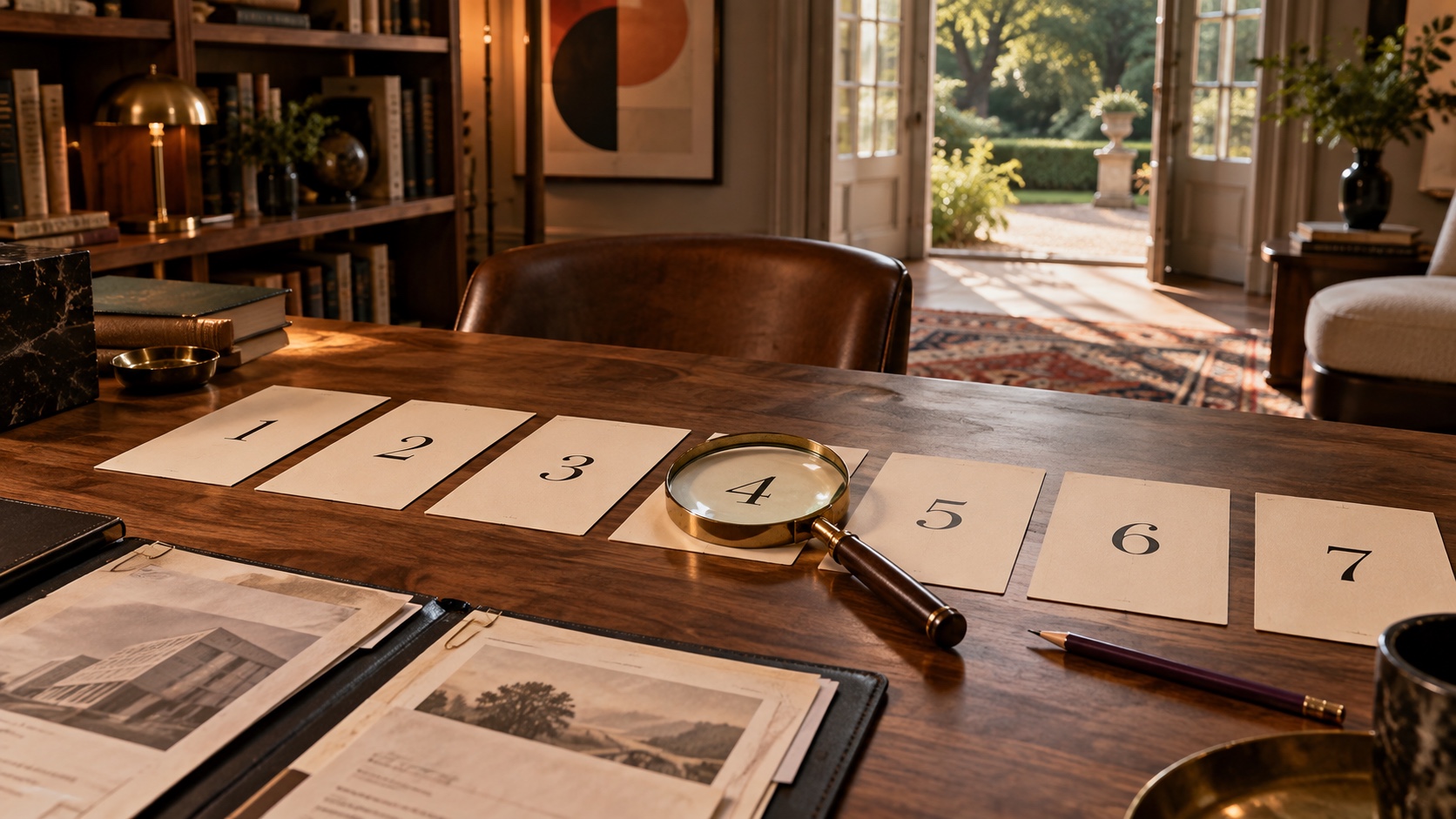 Seven numbered cards and a magnifying glass on a library table: criteria for evaluating a B2B prospecting agency
