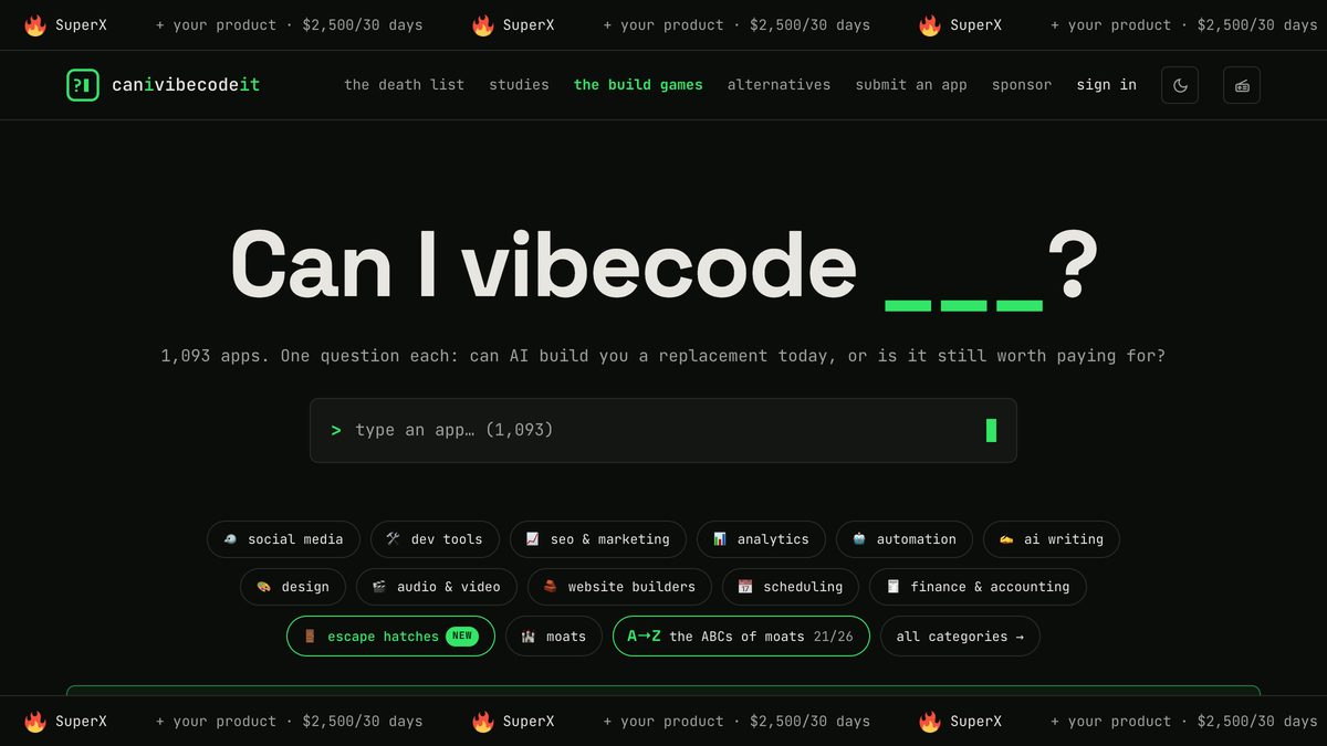 Portada de canivibecodeit.com: la pregunta Can I vibecode, un buscador de apps y las categorías social media, seo y marketing, analytics, automation y scheduling.