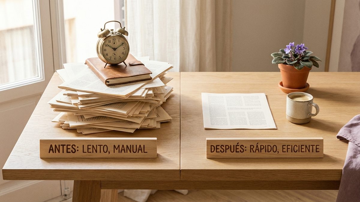 Diagrama comparando el reporting manual de 30-45 minutos contra el reporting automatizado con IA en segundos