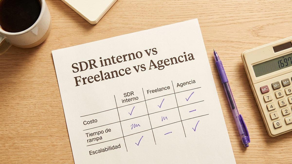 Comparación SDR interno vs freelance vs agencia por costo, tiempo de rampa y escalabilidad