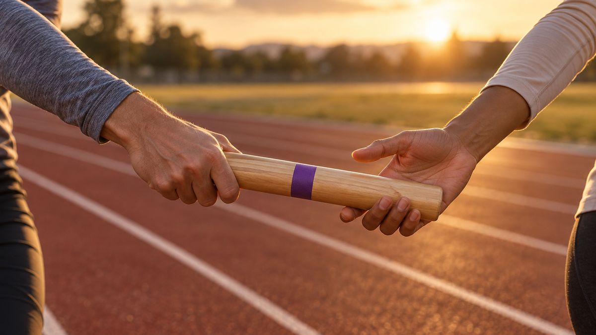 Dos manos se pasan un testimonio de madera con una banda violeta en una pista de atletismo al atardecer