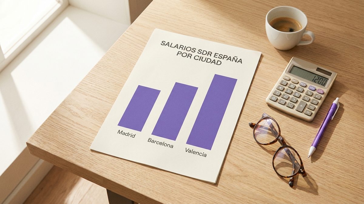 Infografía comparativa de salarios SDR en España por nivel de experiencia y ciudad: Madrid, Barcelona, Valencia
