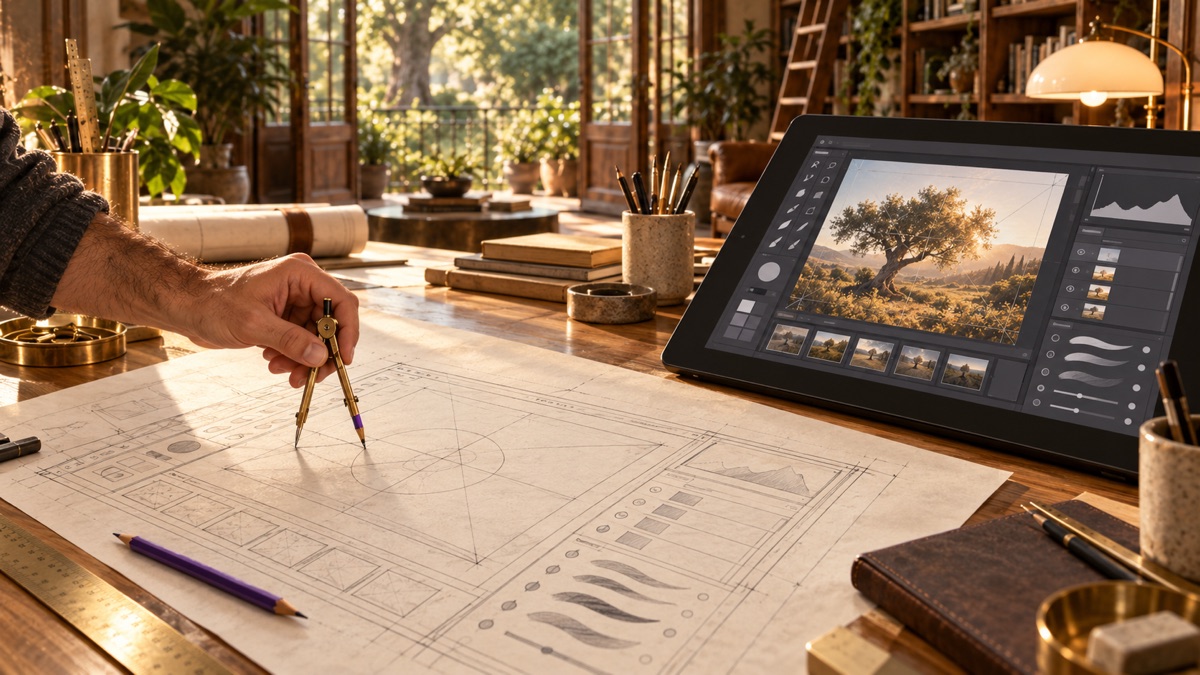 Un plano a lápiz de la interfaz de un editor de fotos al lado de una tableta con la misma interfaz terminada.