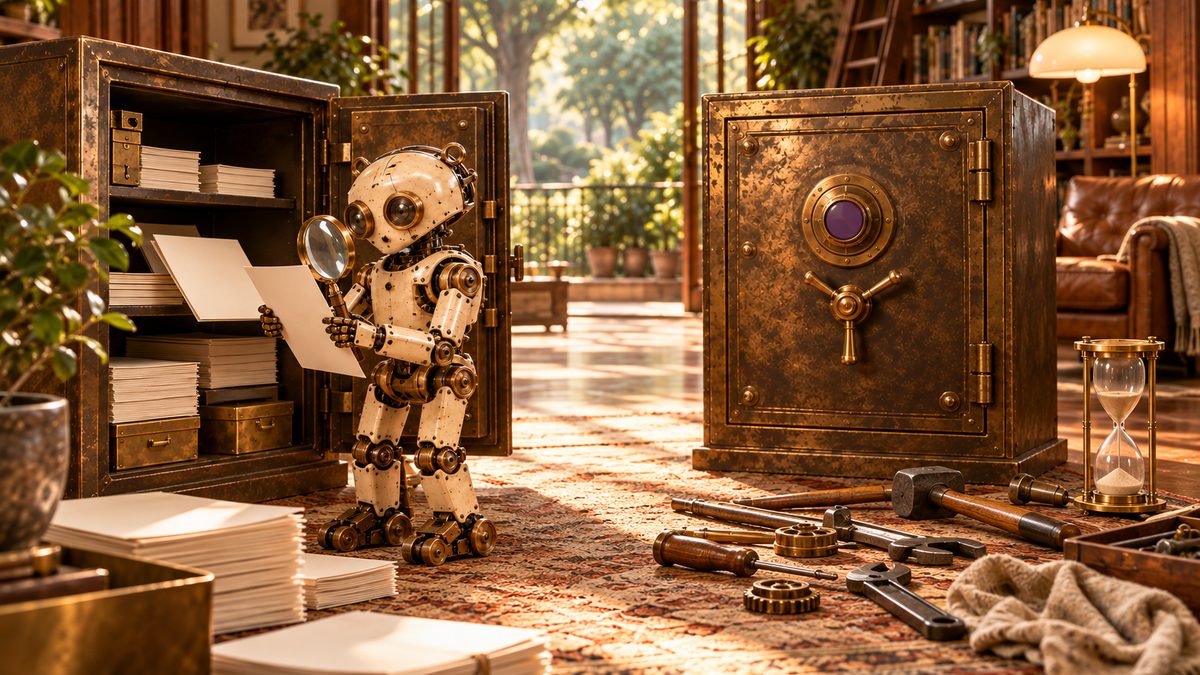 Un robot revisa una caja fuerte abierta mientras otra caja fuerte protegida sigue intacta, rodeada de herramientas gastadas.