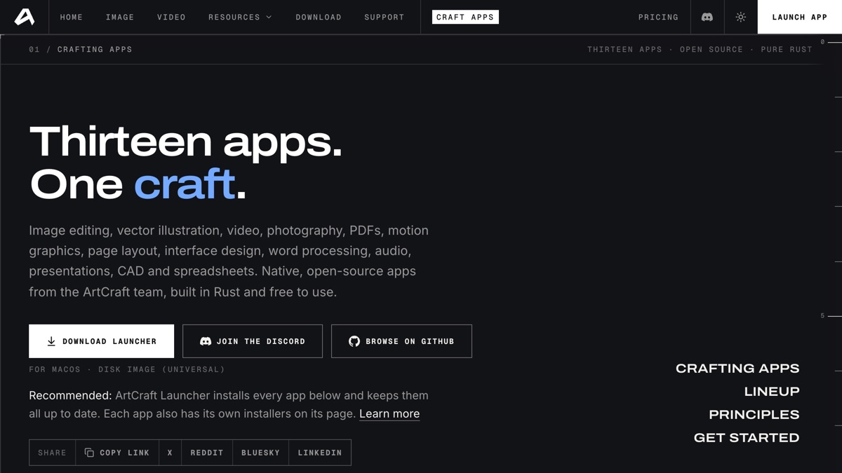 Captura de la página de ArtCraft que presenta trece apps creativas de código abierto.