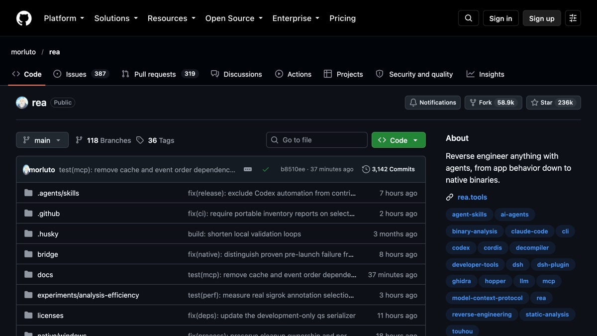 Captura del repositorio de REA en GitHub, con más de 236.000 estrellas.