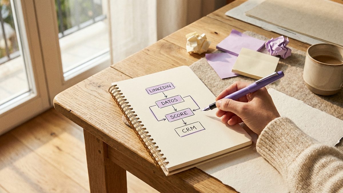 Diagrama del flujo de cuatro pasos: extraer perfil de LinkedIn, enriquecer con datos de la empresa, clasificar por intent score y cargar en el CRM