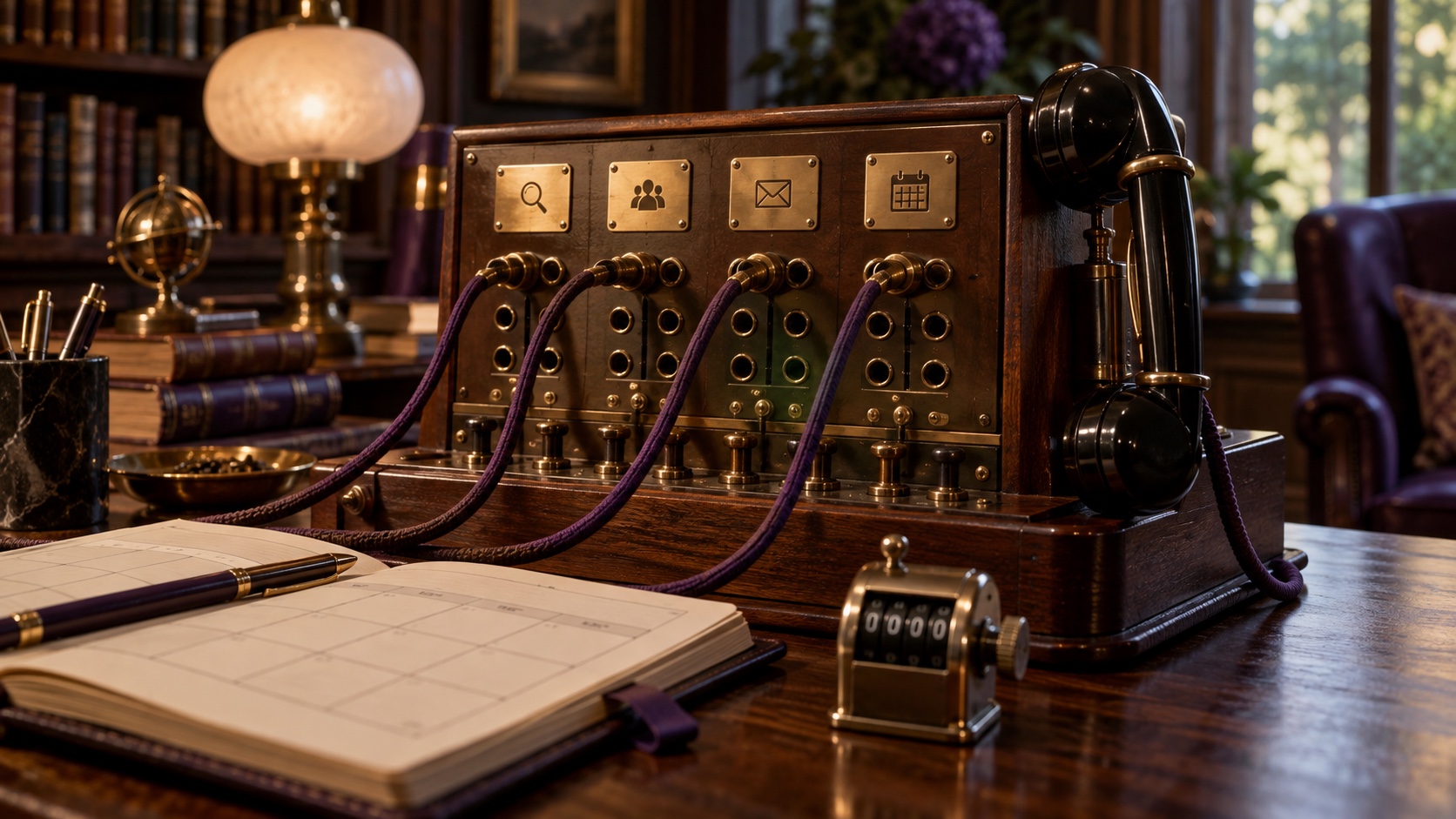Analog telephone switchboard with purple cables and a planner: coordinating research, contacts, and meetings